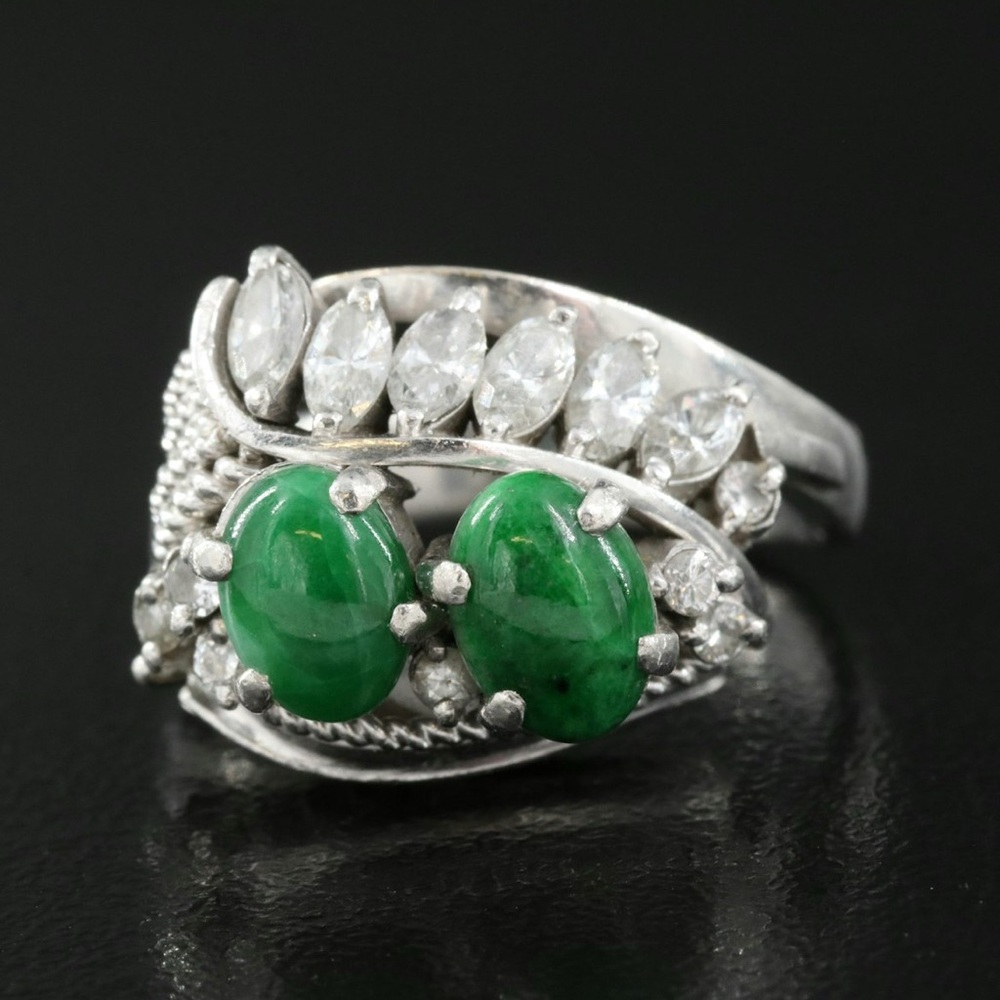 1950s Platinum Omphacite Jade & Diamond Ring Size 6 Vintage Estate B.15 .50